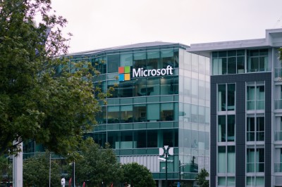 An office building with the Microsoft logo featured